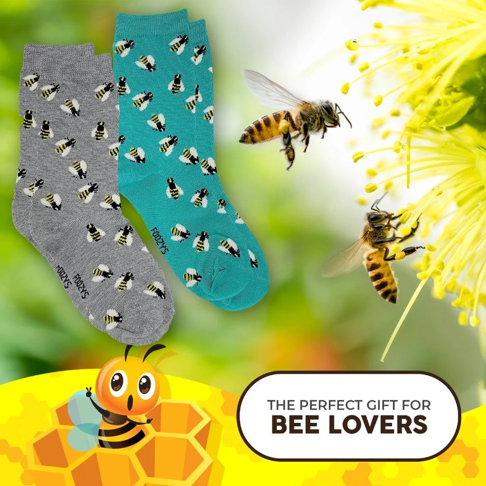 Buzzy Bees Honey Insect Queen Honeybee Animal 2 Pairs Foozys Women's Socks - Picture 5 of 5